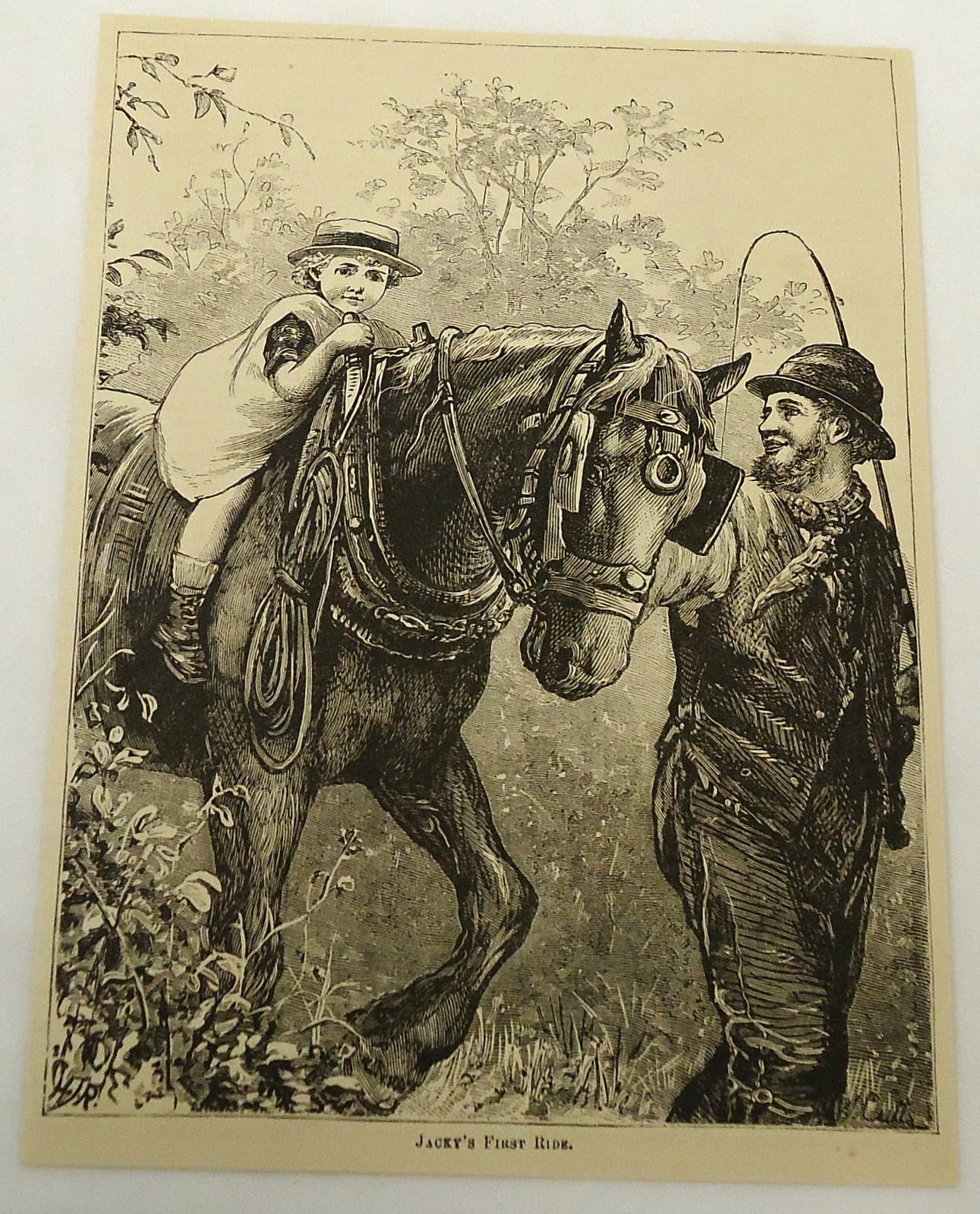 1882 magazine engraving ~ MAN TAKES SMALL CHILD FOR FIRST RIDE ON HORSE 