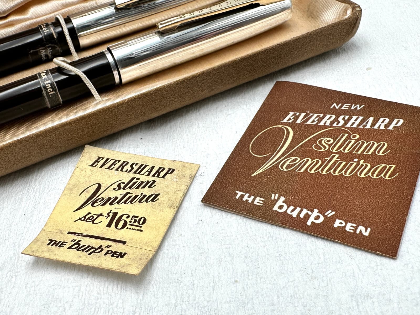 c1957 NOS? EVERSHARP VENTURA STERLING SILVER & BROWN FOUNTAIN PEN PENCIL SET 14K 3