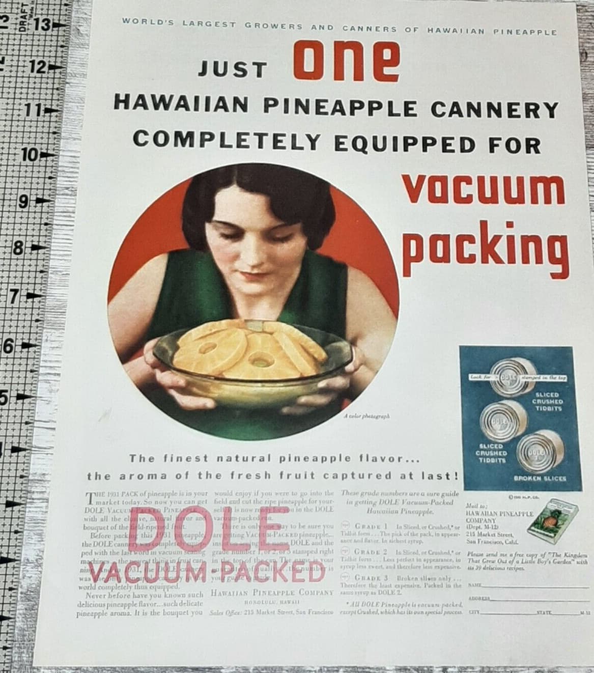 1932 Dole Pineapple Vintage Print Ad Hawaii Canned Vacuum Packed Rings Bowl