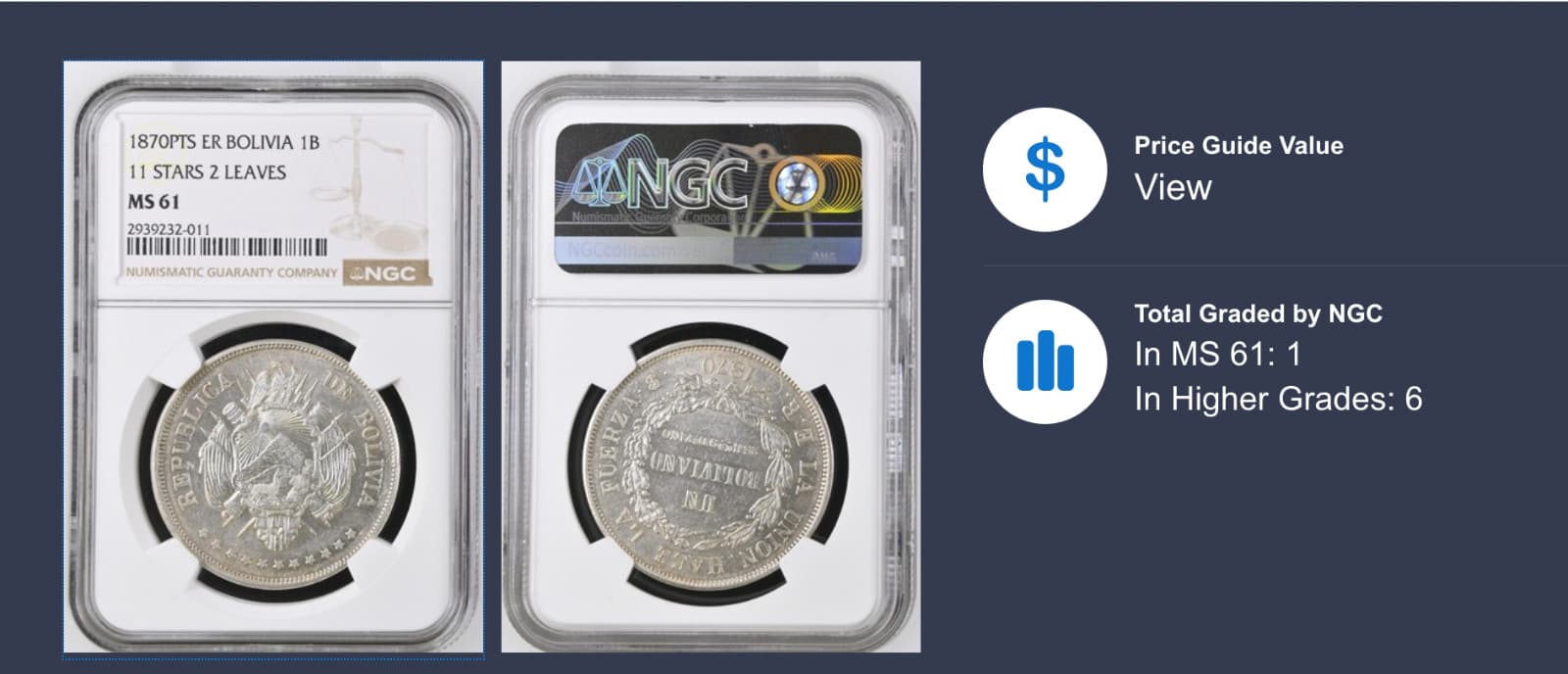 1870 PTS ER Bolivia 1 Boliviano - NGC MS - 61  - Mint State NGC! 3