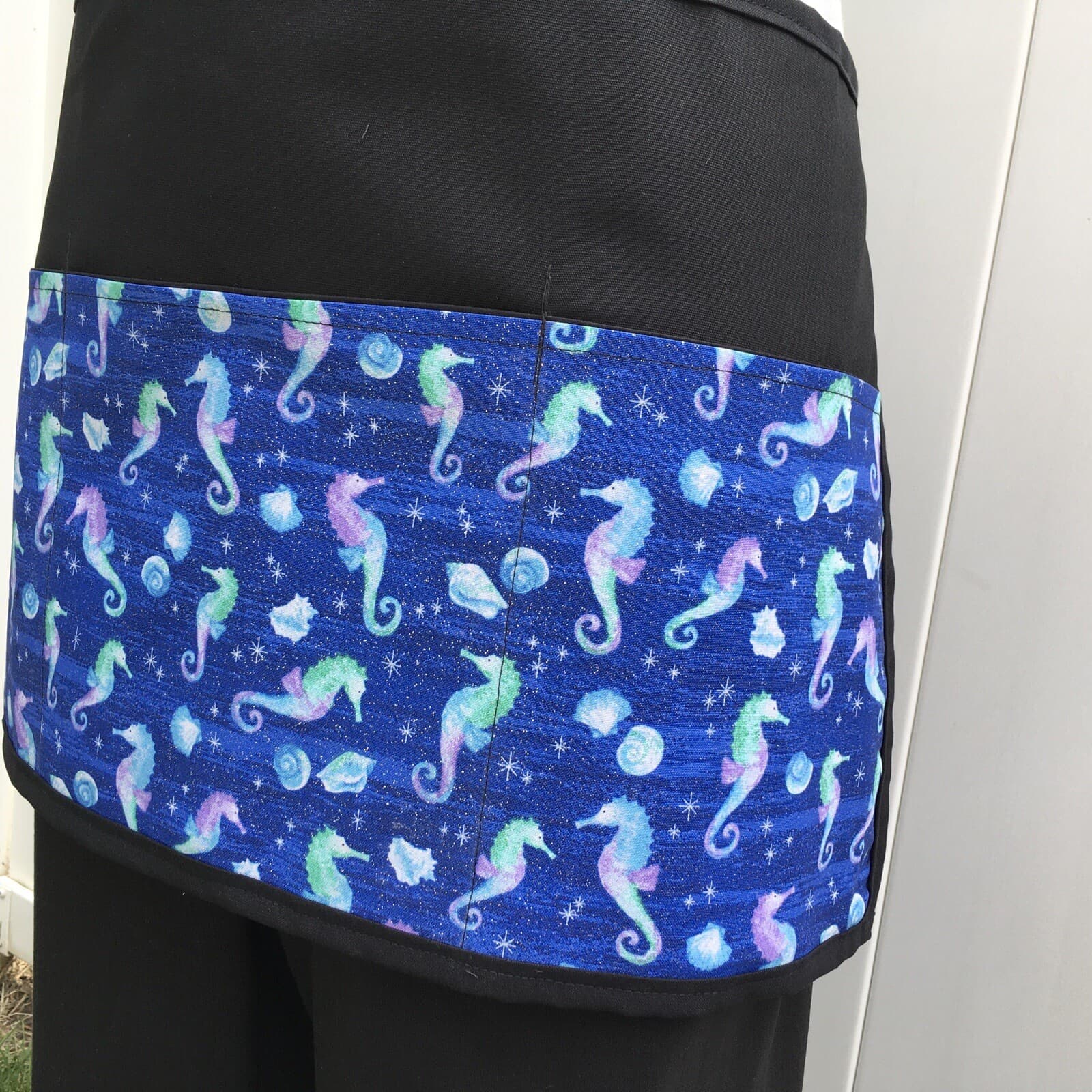 Tropical Seahorses￼ Glitter Server waitress waist apron 3 pocket restaurant Bk 3