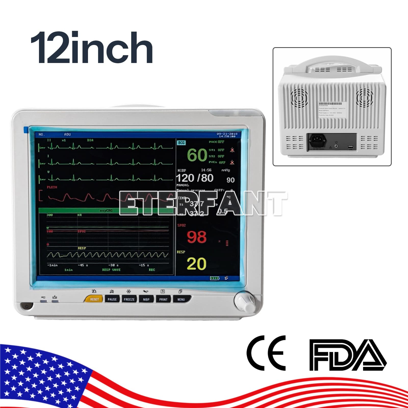 12" Patient Monitor ICU CCU Vital Sign For Hospital ECG NIBP RESP TEMP SPO2 PR 3