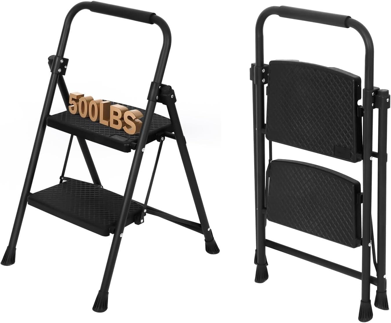 Step Ladder 2 Folding Stool for Adults 500lbs 2-Step, Black