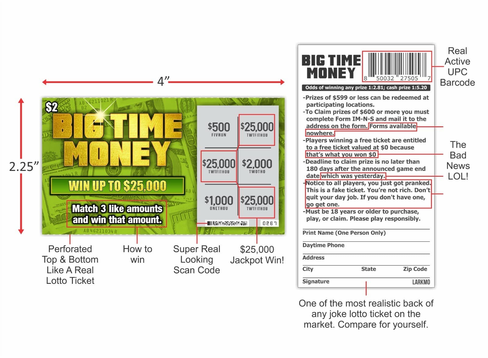 Funny Prank Gag Fake Lottery Tickets, 10,000 & 25,000 Winners, 20 Tickets total  4