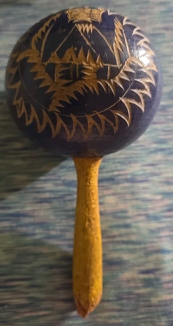 Vintage Hand Carved,  Handmade Maracas With Etched Design, Queen And Jungle 5