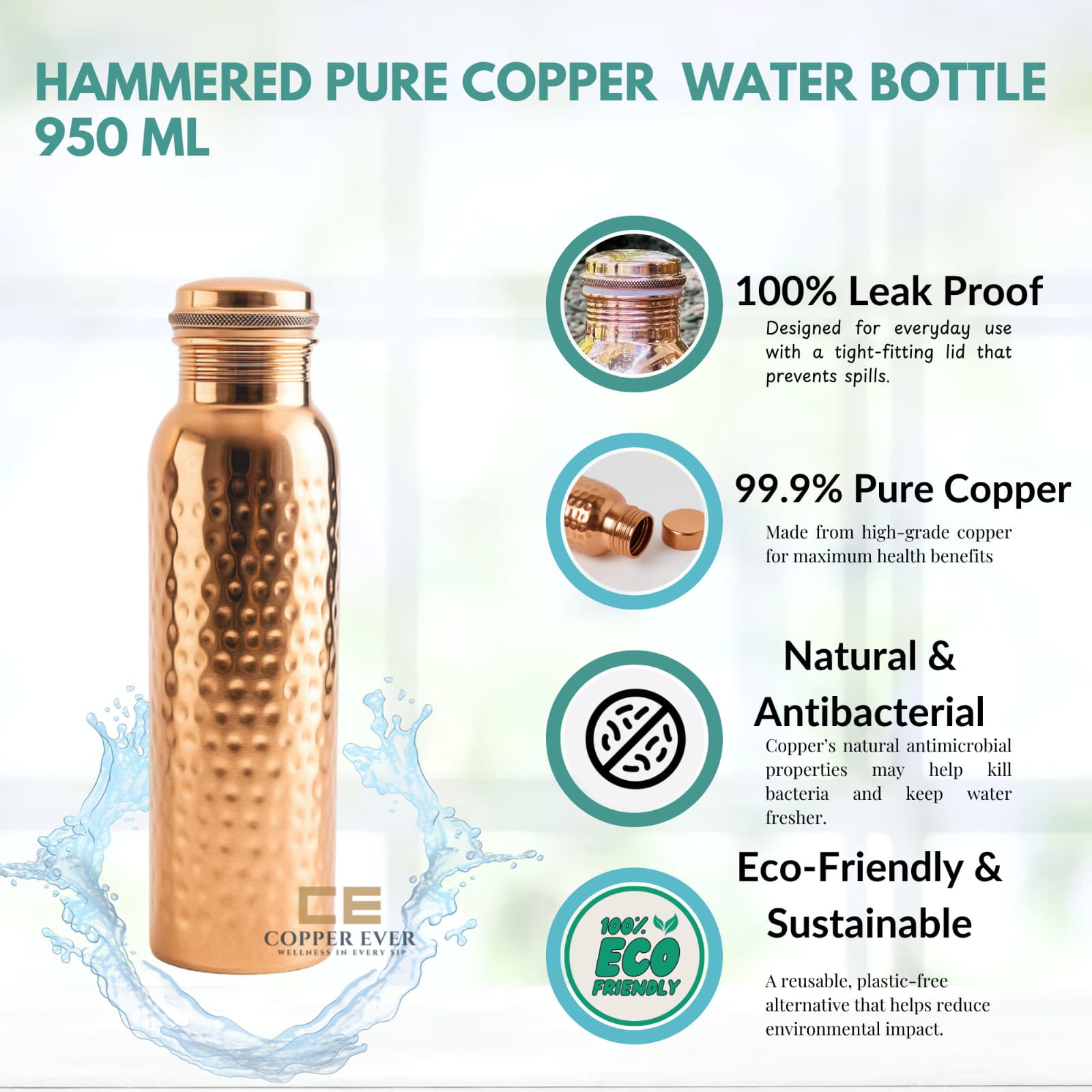 34oz Pure Copper Water Bottle - Handmade Hammered Finish - Ayurvedic Health USA 5