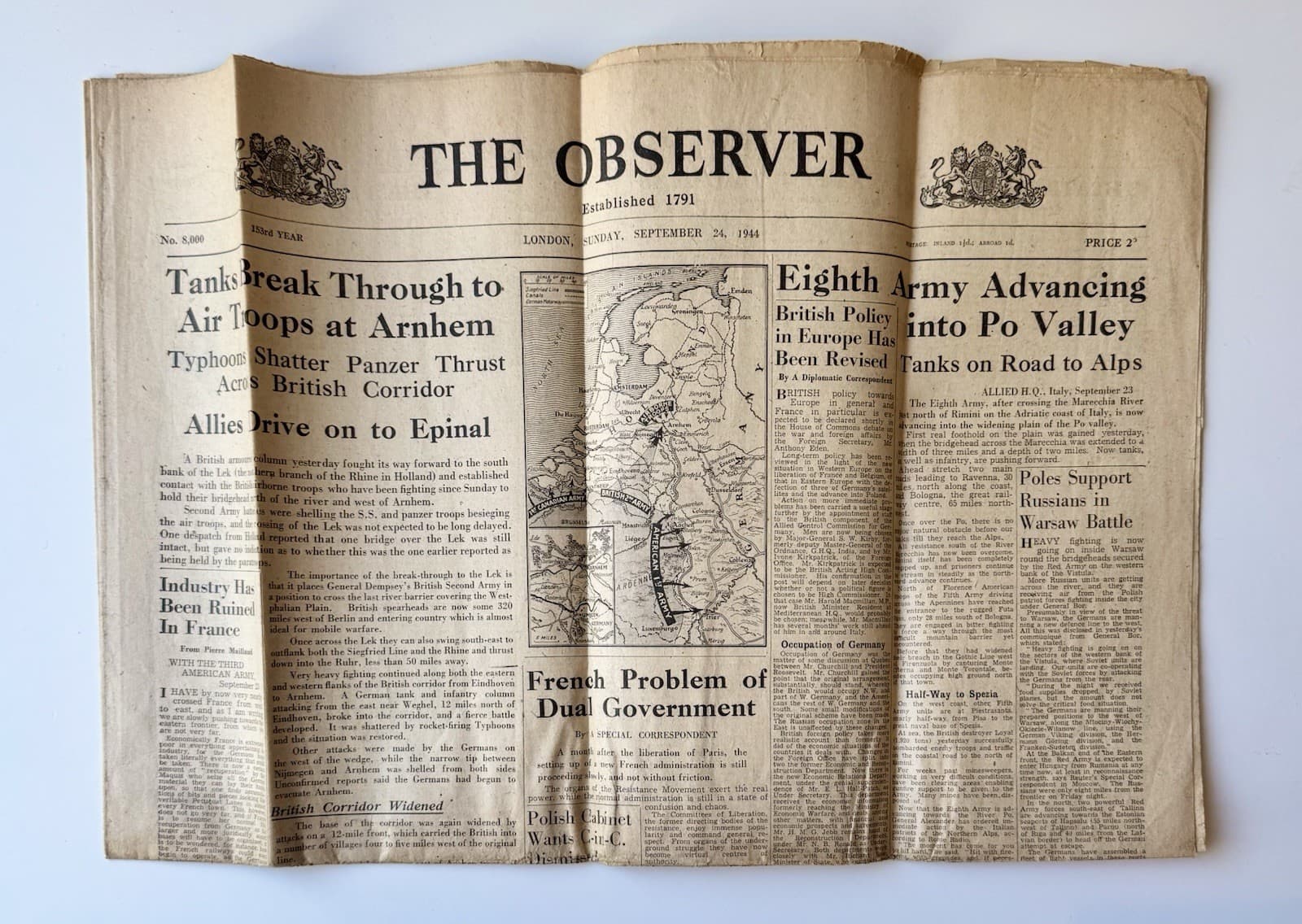 WW2 Newspaper Sept 1944 The Observer Arnhem Battle Allied Advance Original UK