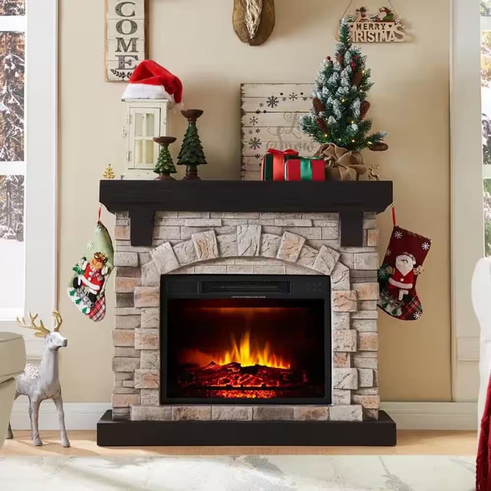 40 In. Tan Freestanding Faux Stone Infrared Electric Fireplace with Mantel