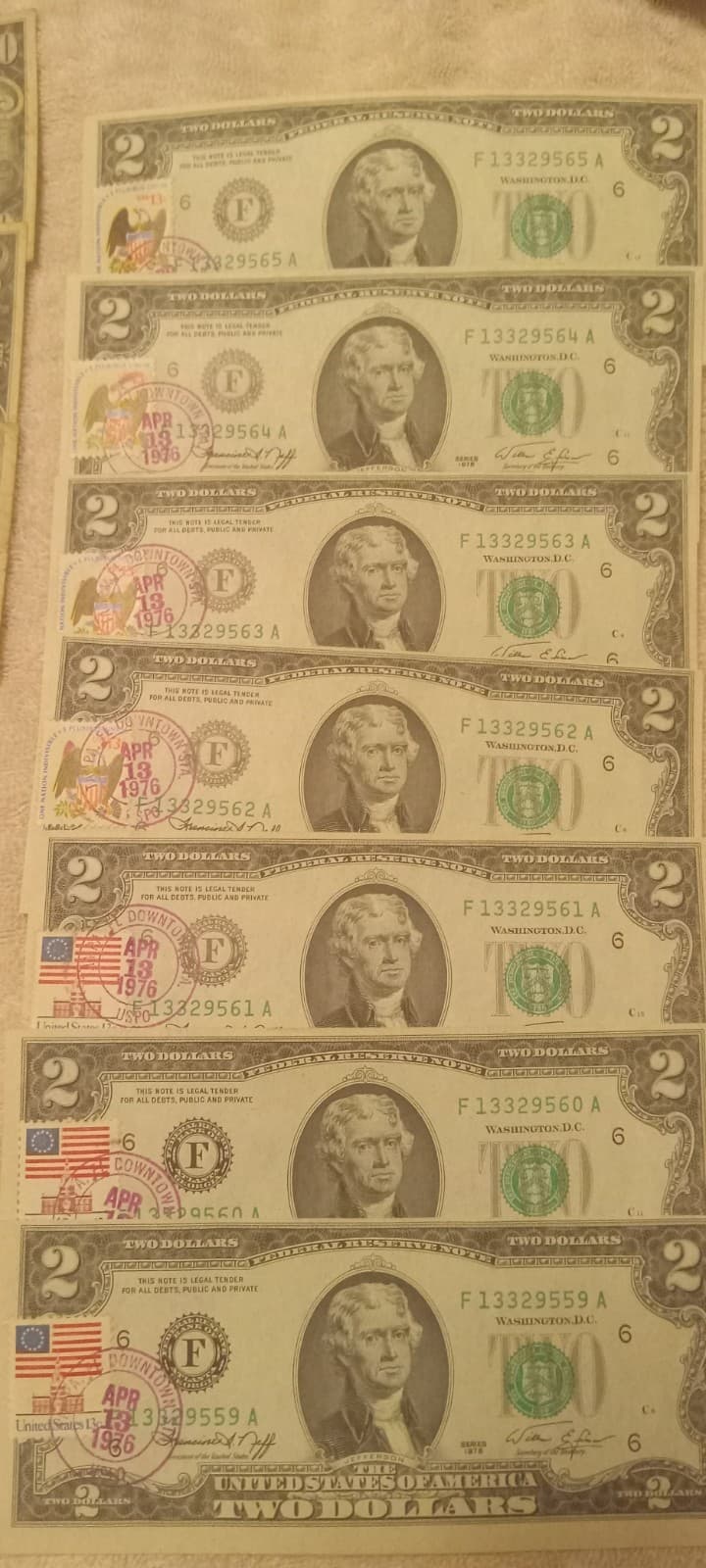 7 1976 Consecutive  2 Dollar bill misaligned Stamped First Day Issu Condition