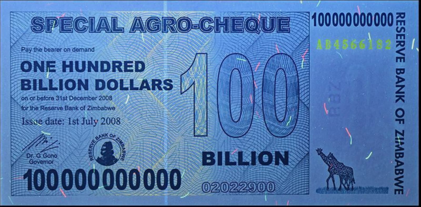 Authentic Zimbabwe 100 Billion Dollars, CIRCULATED Special Agro Cheque 2008 3