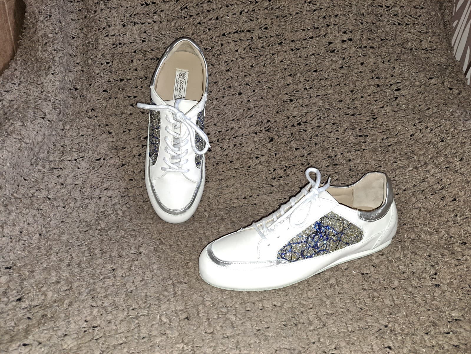 WERNER KERN-Carol-White Leather/Blue/Silver Glitter-Dance Sneakers-Sz 7.5UK/10US