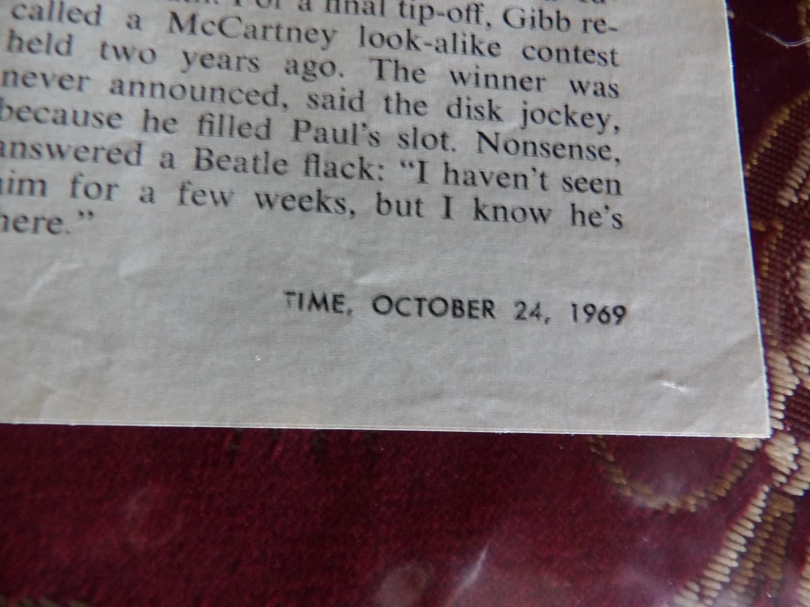 Paul McCartney Dead Clipping: Time, October 24, 1969 2