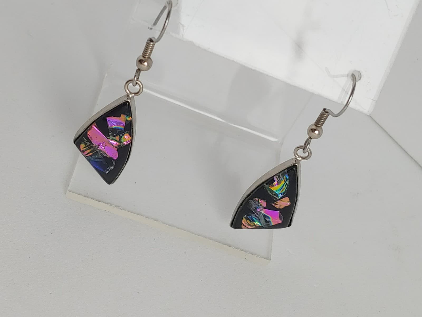 Dichroic Glass Silvertone Geometric Earrings Dangle Drop Black/Multicolor 2in 3