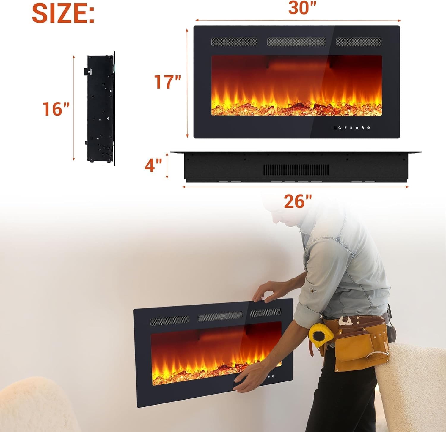 🔥 30" Electric Fireplace Insert Recessed & Wall Mounted Heater with Remote 6