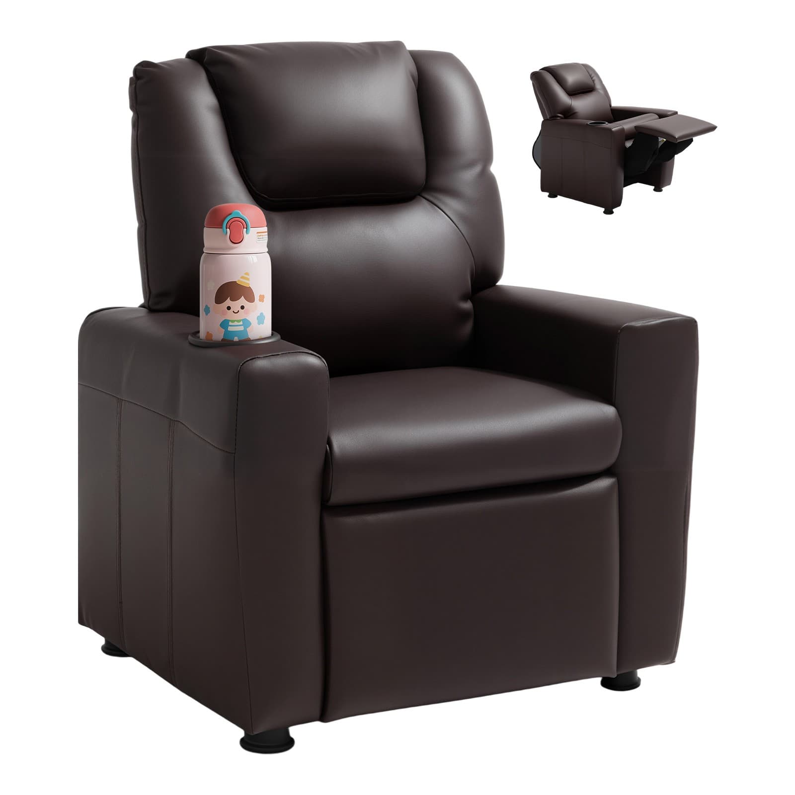 Kids Reclining Chair PU Leather Toddler Recliner with Cup Holder (Brown)
