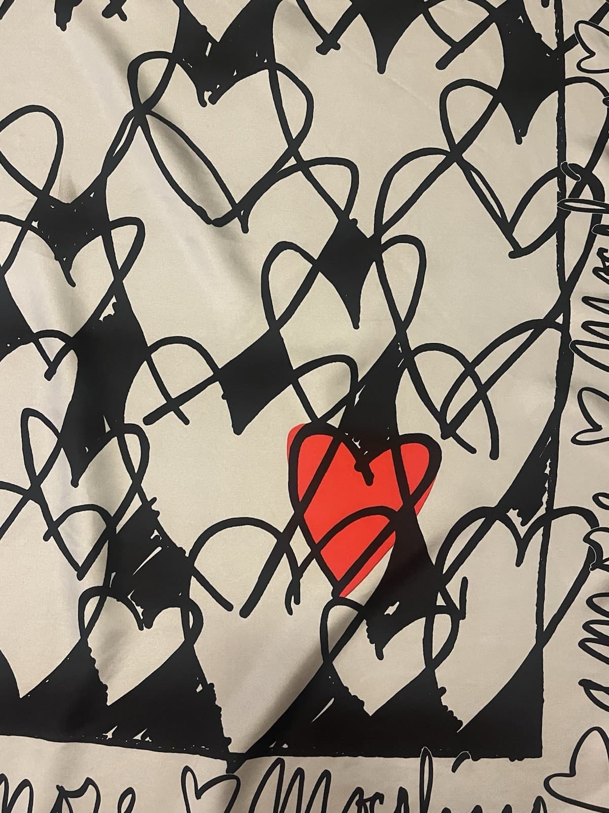 Vtg 2000’s MOSCHINO Archivio Red, Black Silver Silk Heart Scarf Size 34” x  34” 6