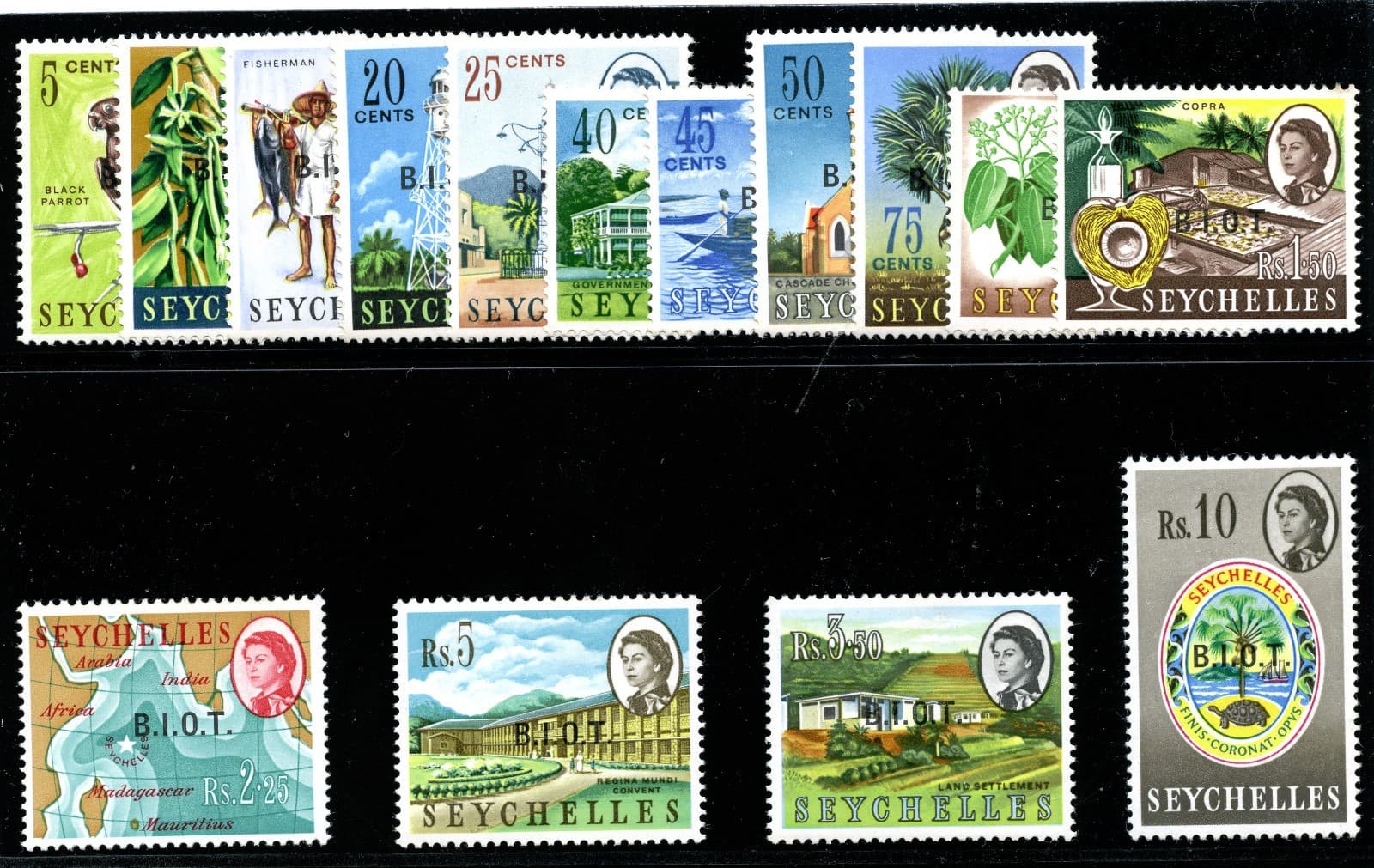 B.I.O.T. 1968 QEII Definitives set complete superb MNH. SG 1-15. Sc 1-15.