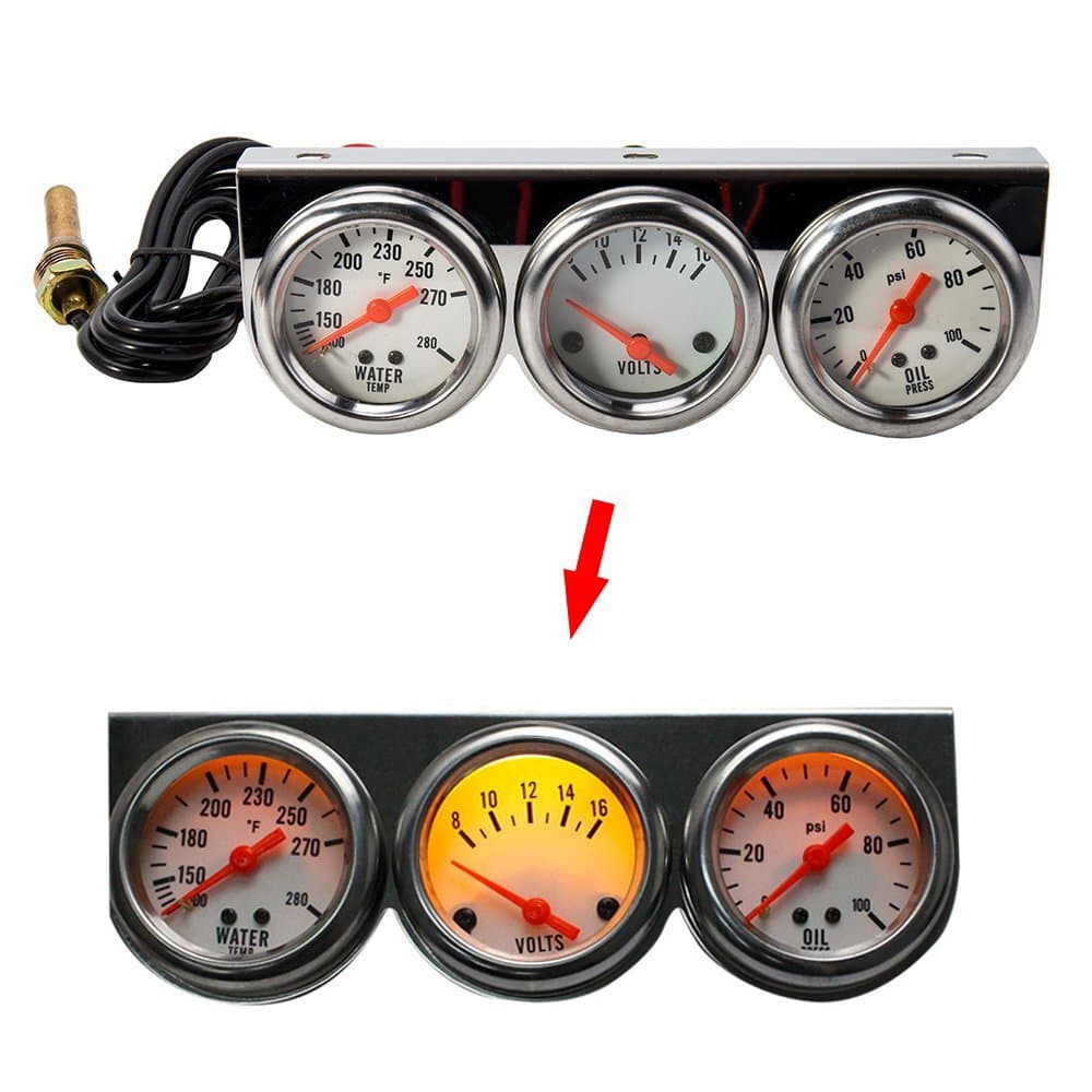 2'' 52mm Oil Pressure Water Temp Volt Meter Triple Gauge Mechanical Chrome Set 6