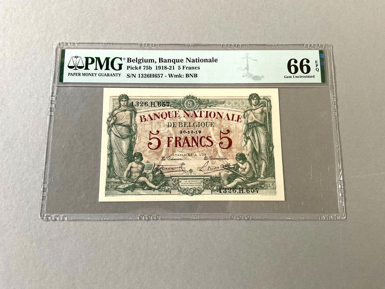 Belgium 5 Francs P-75b 1919 PMG 66 EPQ