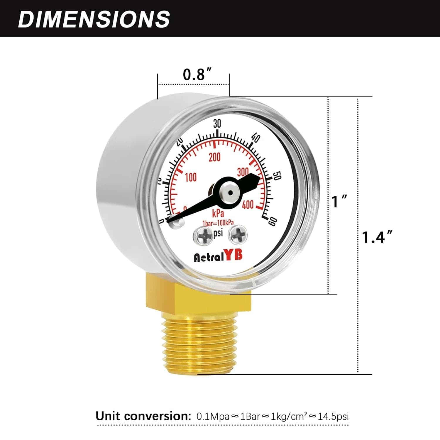 1-Inch Mini Pressure Gauge 0-60 PSI / 0-400 kPa Dual-Scale Dial 1/8” NPT Bott... 2
