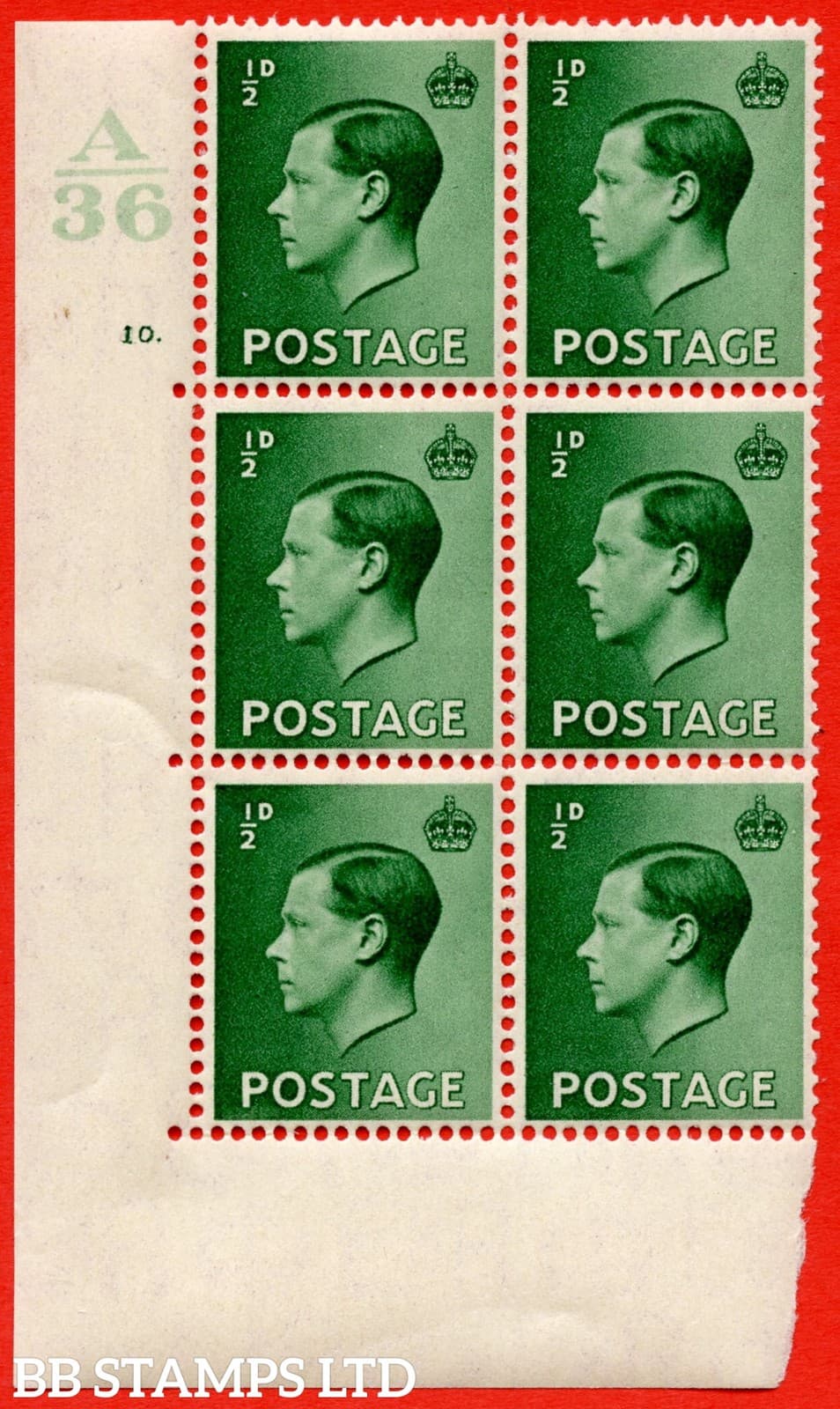 SG. 457. P1b. ½d Green. An UNMOUNTED MINT control block of 6. Control A B81412