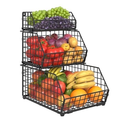 3-Tier Fruit Basket for Kitchen Counter, Stackable Wire Baskets Wall, Potato 