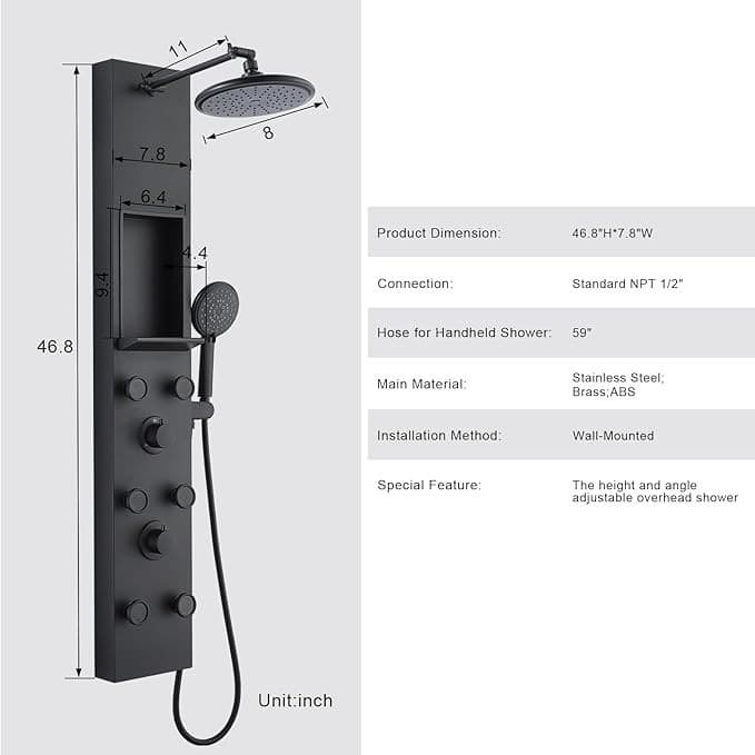 Shower Panel Tower System Adjustable Rainfall Shower Head 6 Body Jets Matte Blac 4