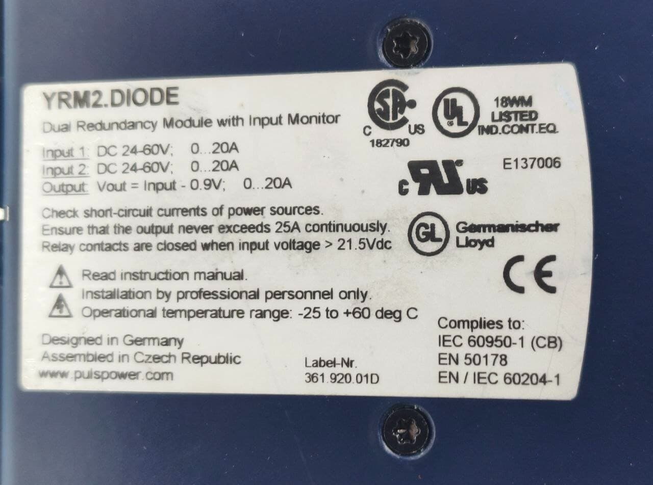 PULS YRM2.DIODE 24-60VDC 20A DUAL REDUNDANCY MODULE WITH INPUT MONITOR FREE SHIP 5