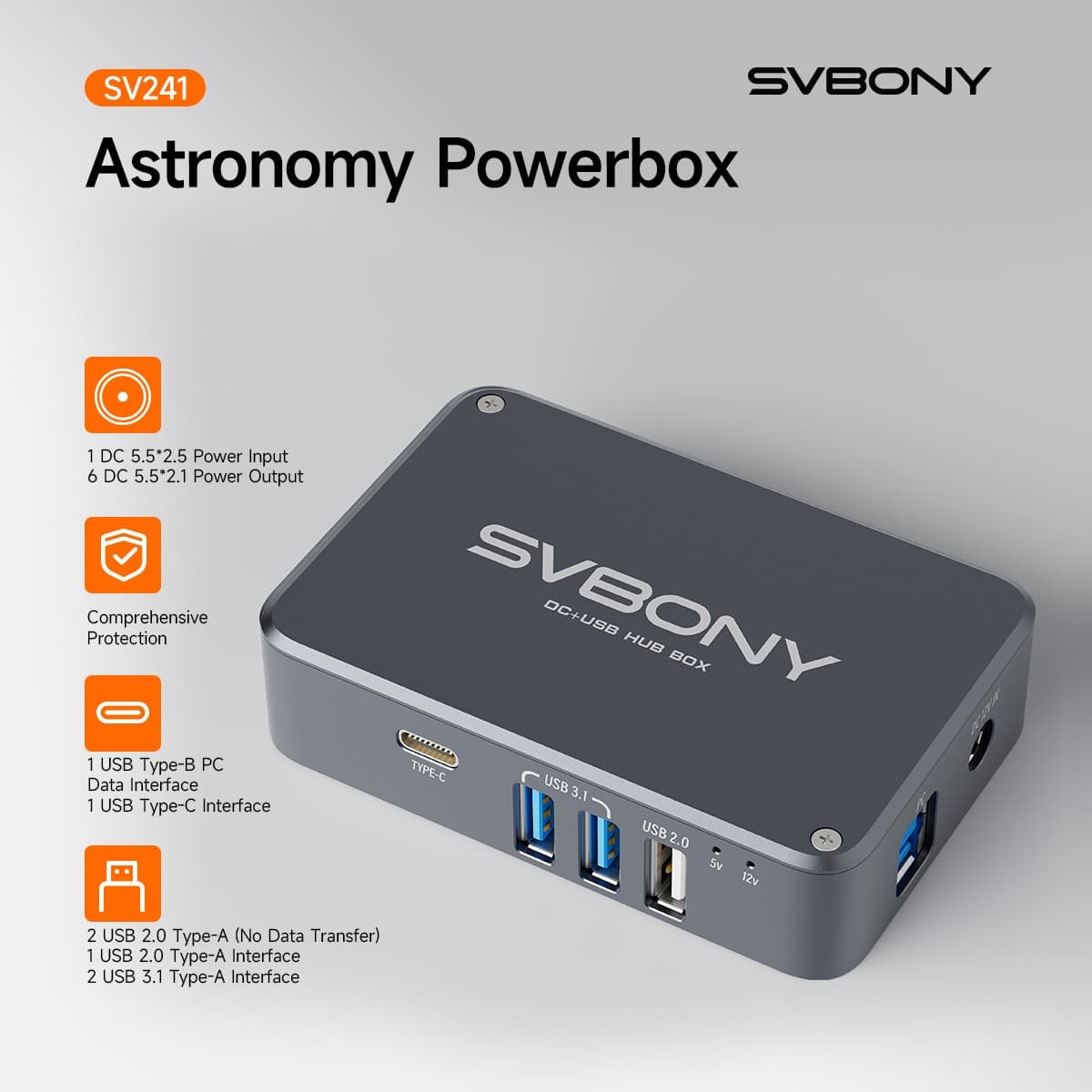 SVBONY SV241 Astronomy Telescope Power Adapter Micro DC+USB HUB Box Type-C 2