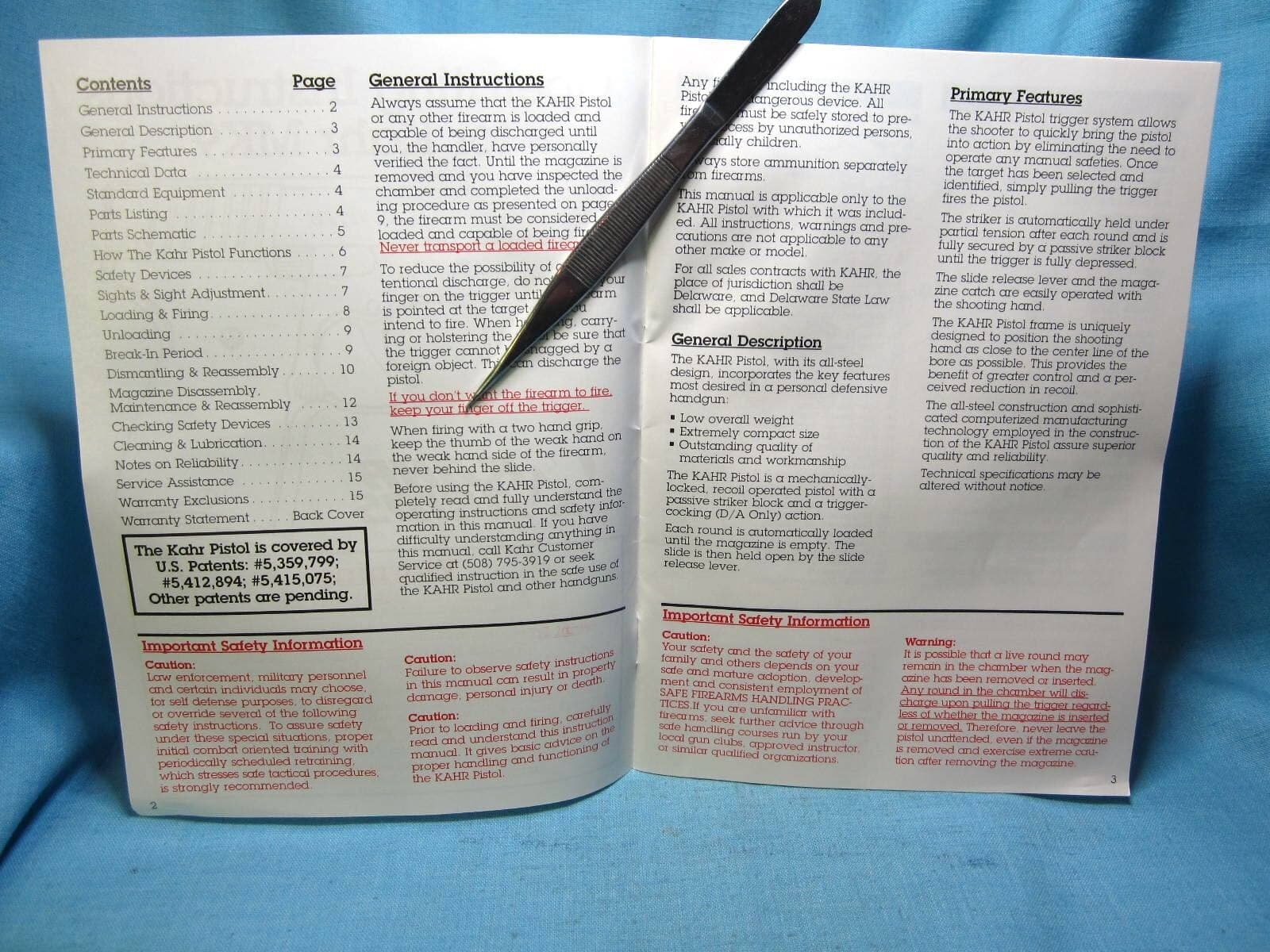 KAHR MK9 Original Owners Instruction Safety Manual & Papers - dated 1997 6