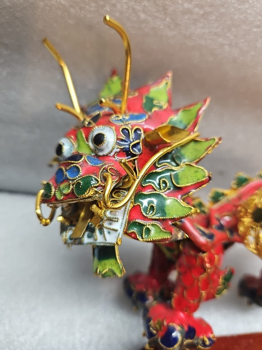 Cloisonne Chinese Dragon holding Gold Filigree Ball. Red,Gold,Green With Stand. 3