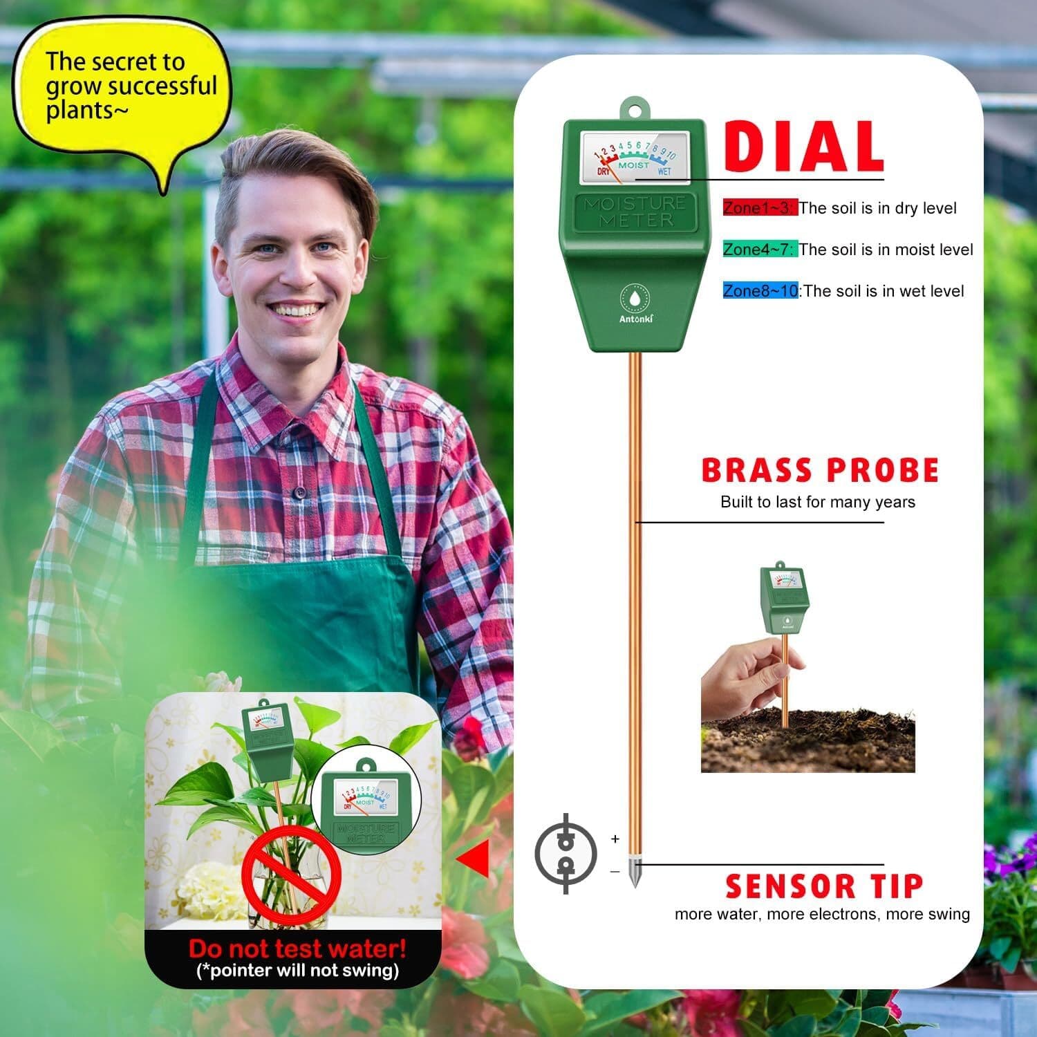 2 Pack Plant Water Meter, Soil Moisture Tester Hygrometer Sensor, Soil Water 3