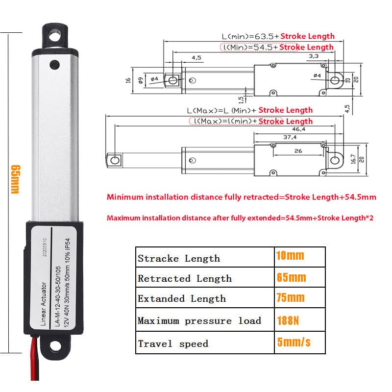 DC 12V Mini Micro Linear Actuator Stroke 0.4-4" Force 42.3 lbs High-Speed 0.2"/s