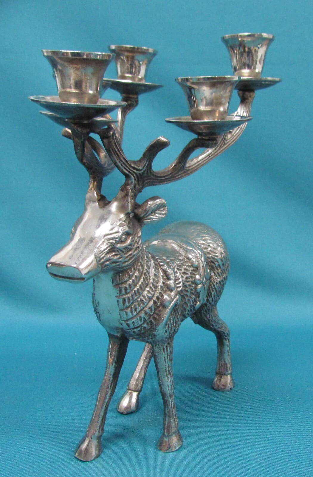 Reindeer Candelabra Silver Tone Cast Metal Christmas Deer 5 Candle 2