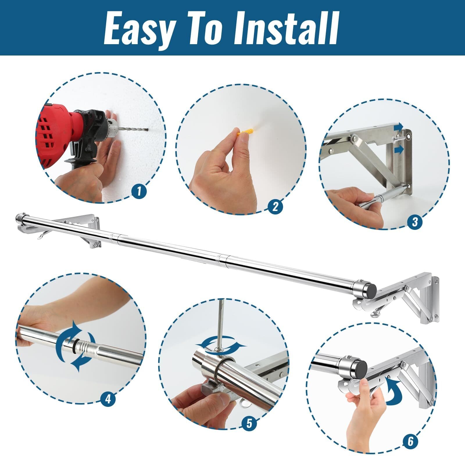 Foldable Wall Mounted Clothes Rack44'' Long Rod&2 Basesstainless Steel Heavy Dut 6