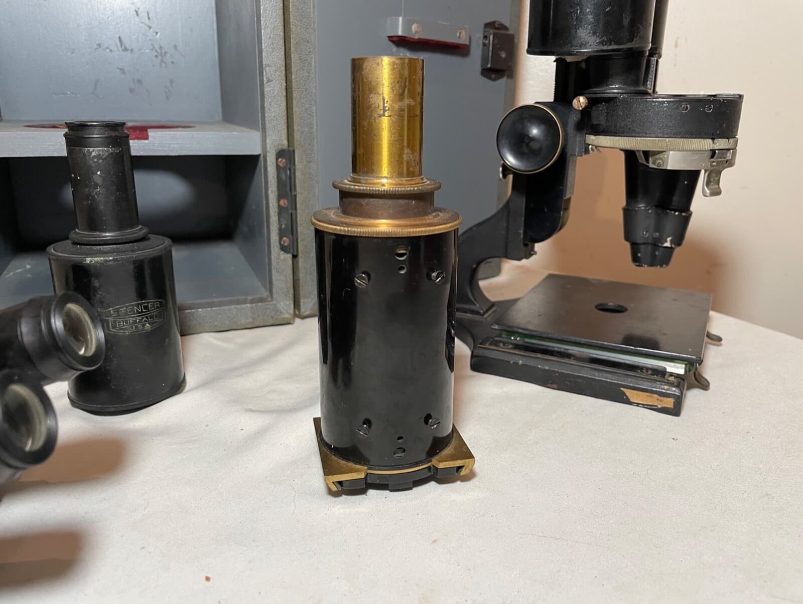 antique Carl Zeiss Spencer Buffalo binocular lab microscope brass attachments 6