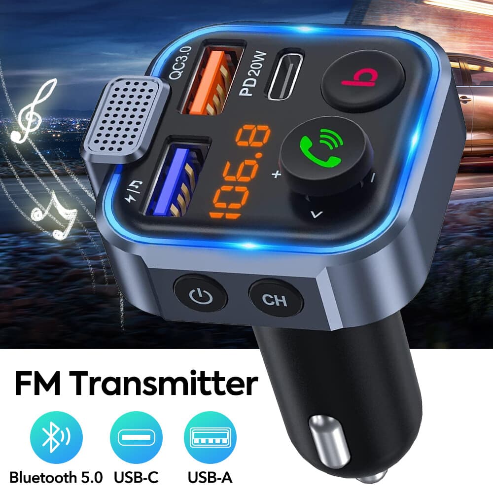 Wireless FM Transmitter Car Adapter Type-C PD 20W+ QC3.0 Fast USB Charger PD20W 2