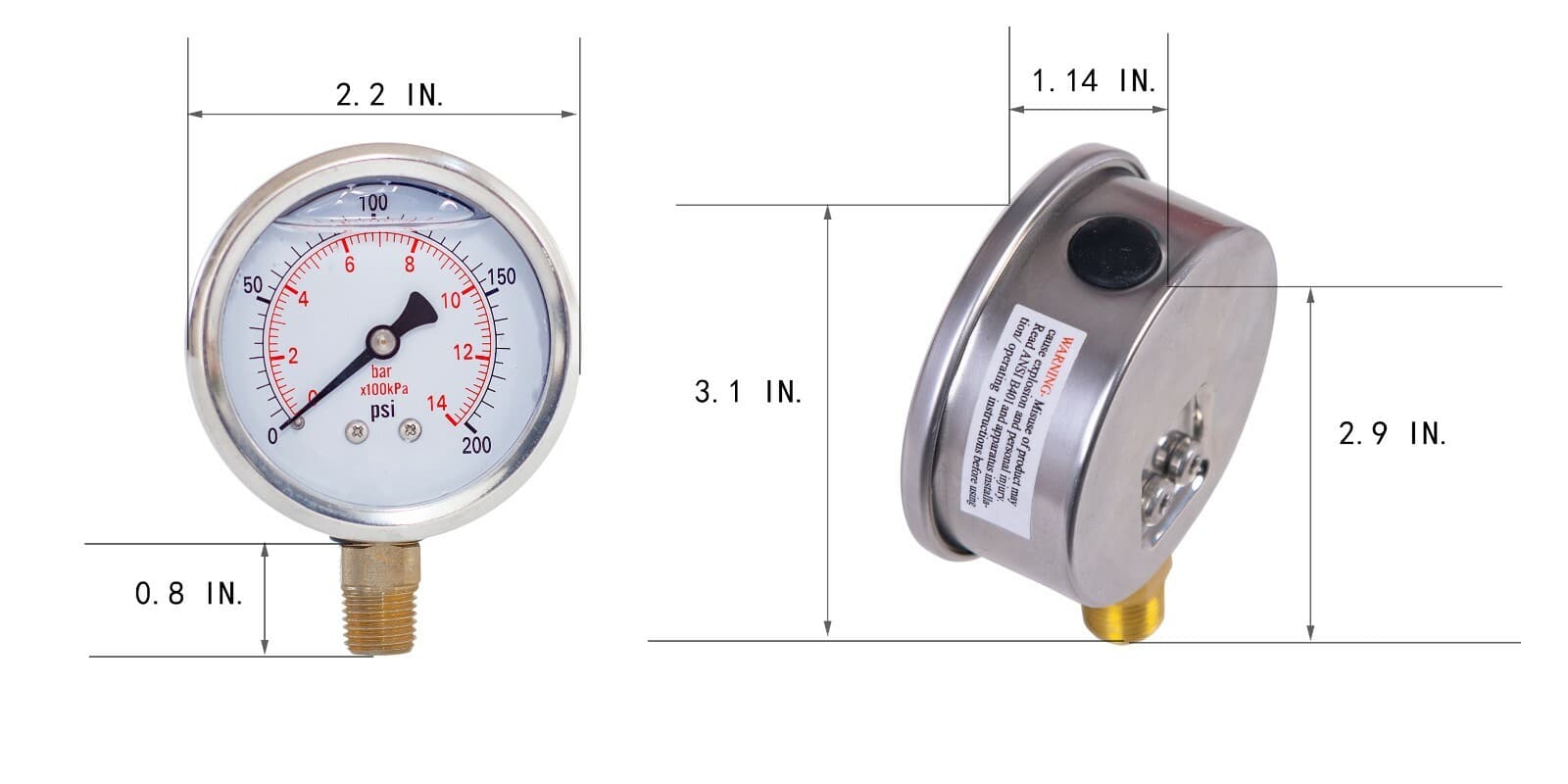 Pressure Gauge,Liquid Filled,2" Dia,0-200 PSI,1/4 NPT Lower Mount 3