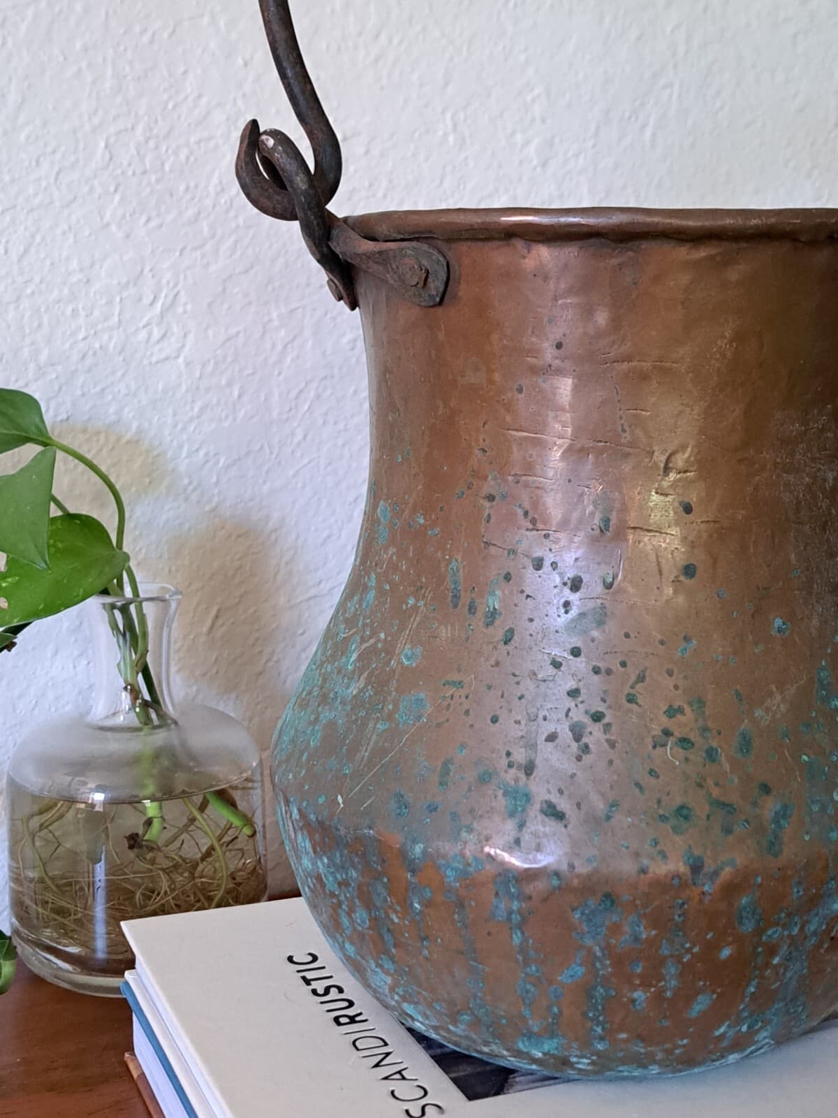 Antique Primitive Hammered Copper Hanging Pot Large Patina RARE 10" 2
