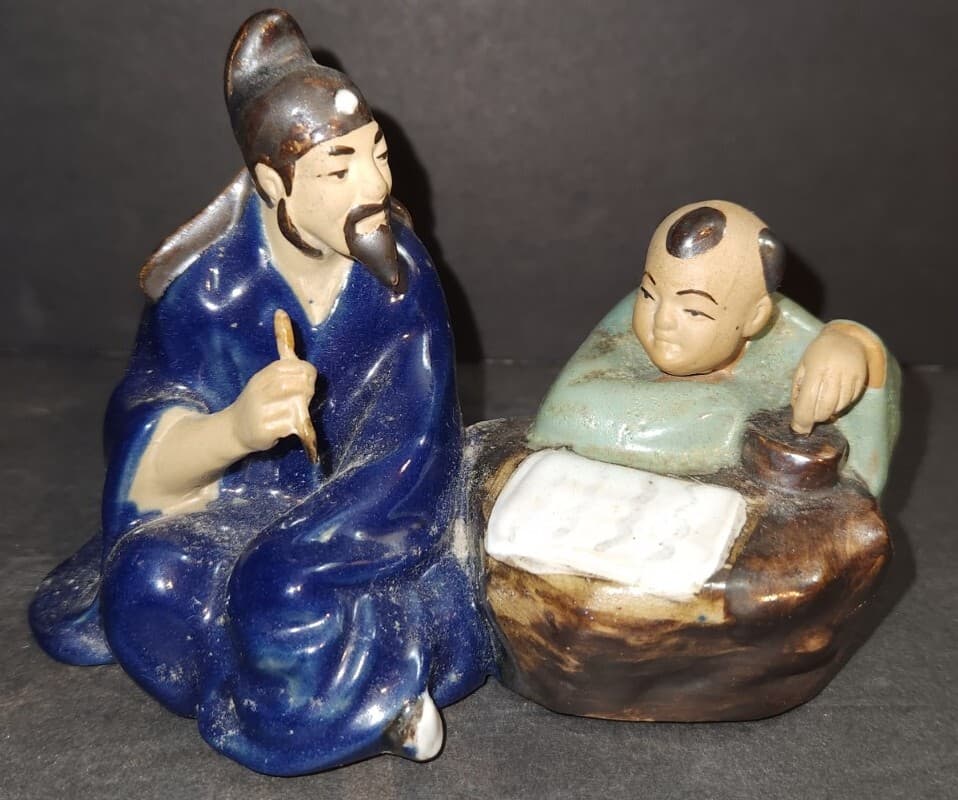 Shiwan Mudman Chinese Figurine Teaching With Boy 4" Statue Table Shelf Decor 2