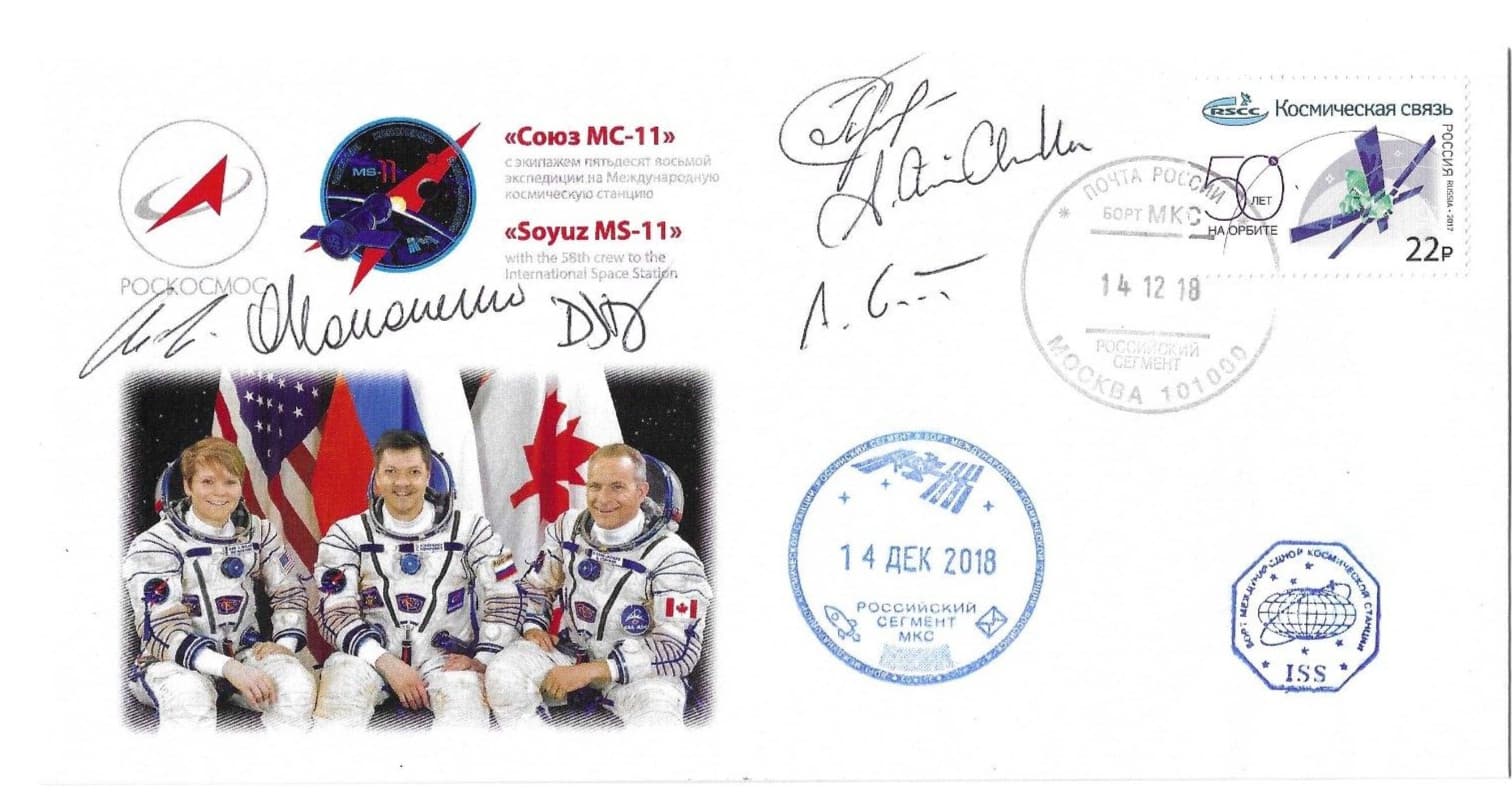 Roscosmos Flown Space Cover Signed Soyuz MS-11 MS-09 Crew ISS Expedition 56-57