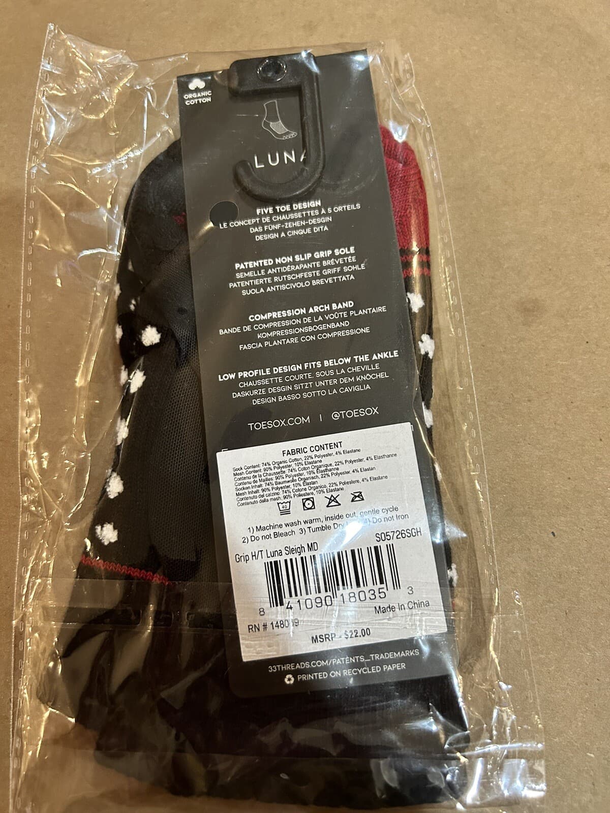 ToeSox Luna Half Toe Grip Non Slip Black Red White Socks Pilates Yoga Size Med 2