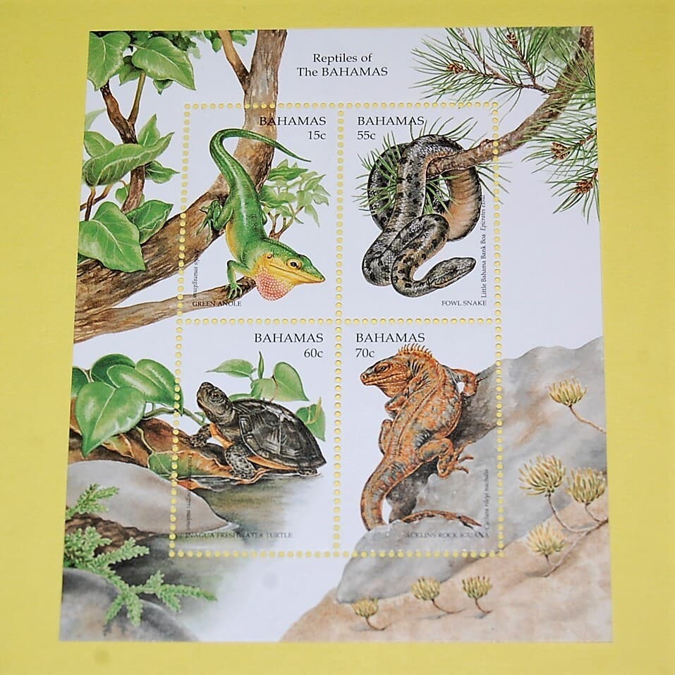 Reptiles of The Bahamas Souvenir Sheet of 4 Stamps Iguana, Snake, Turtle, Anole
