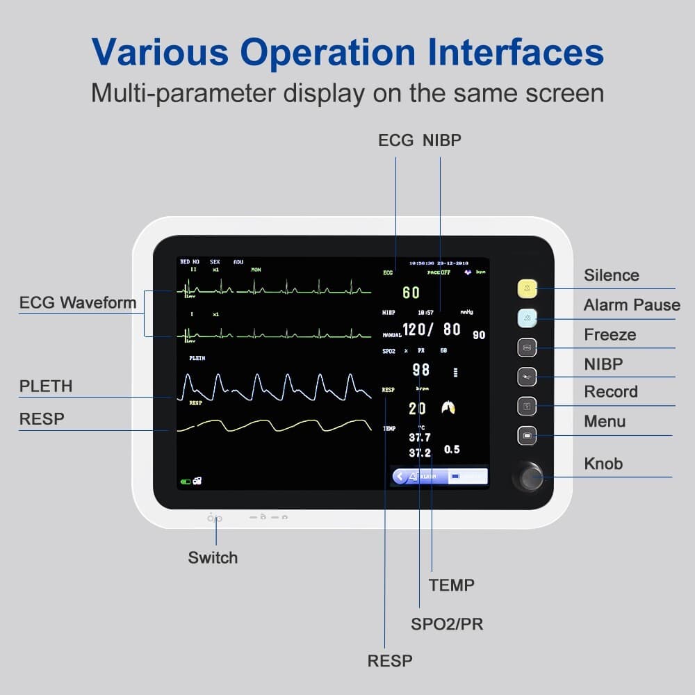 12-Inch Patient Vital Signs Monitor Multi-Parameter ECG/NIBP/TEMP/RESP/SPO2/PR 4