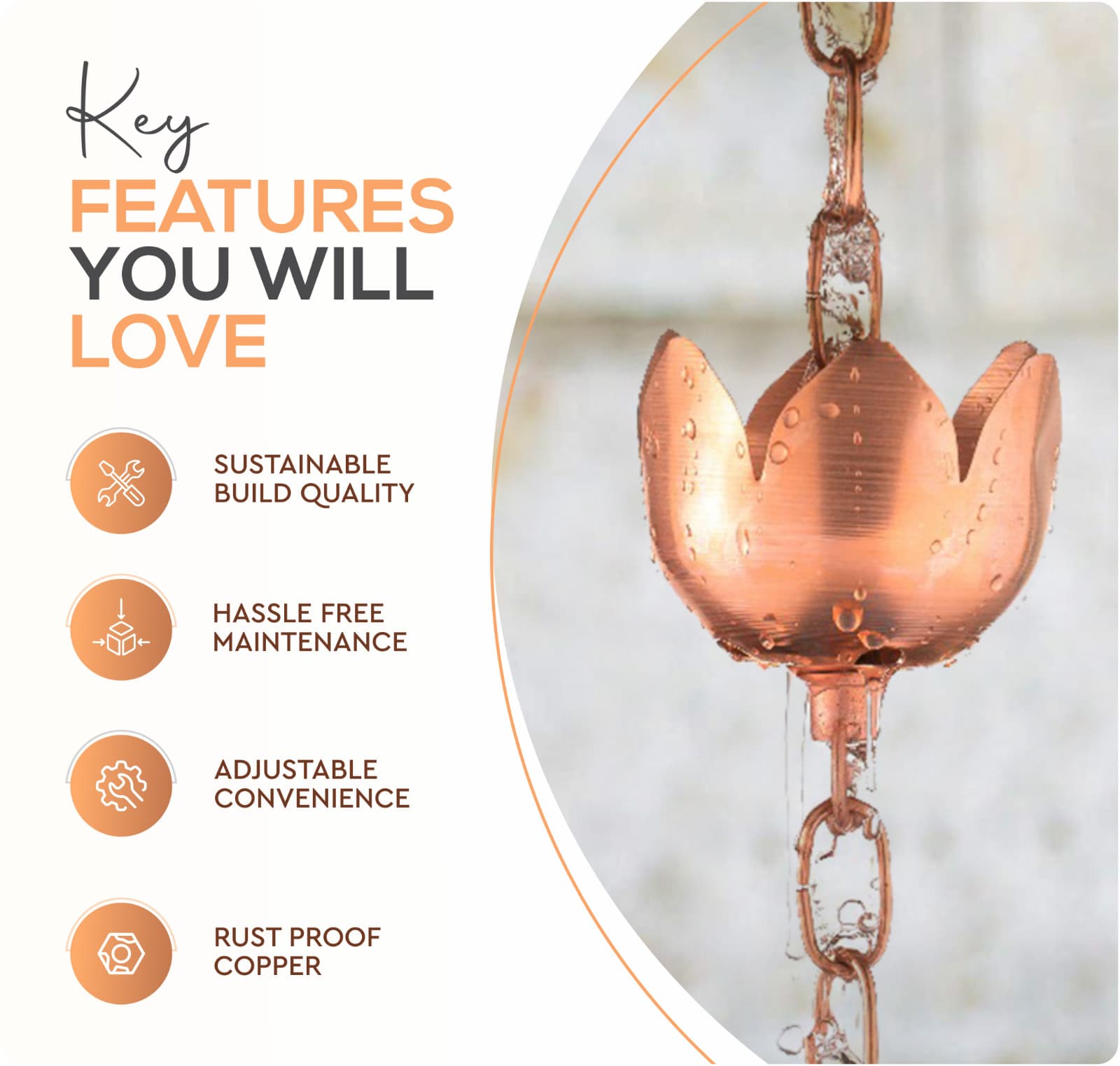 Marrgon Copper Water Chain with Tulip Styled Cups – Durable & Thick Rain Chain 3