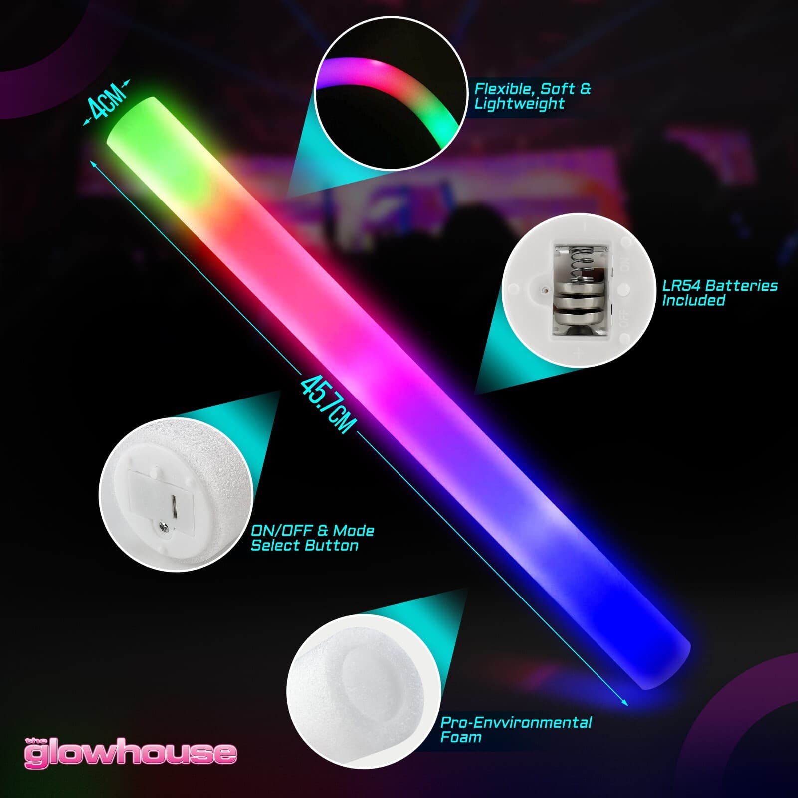 Light Up Premium LED Foam Glow Stick High Quality Multi Colour Large 18" Long UK 3