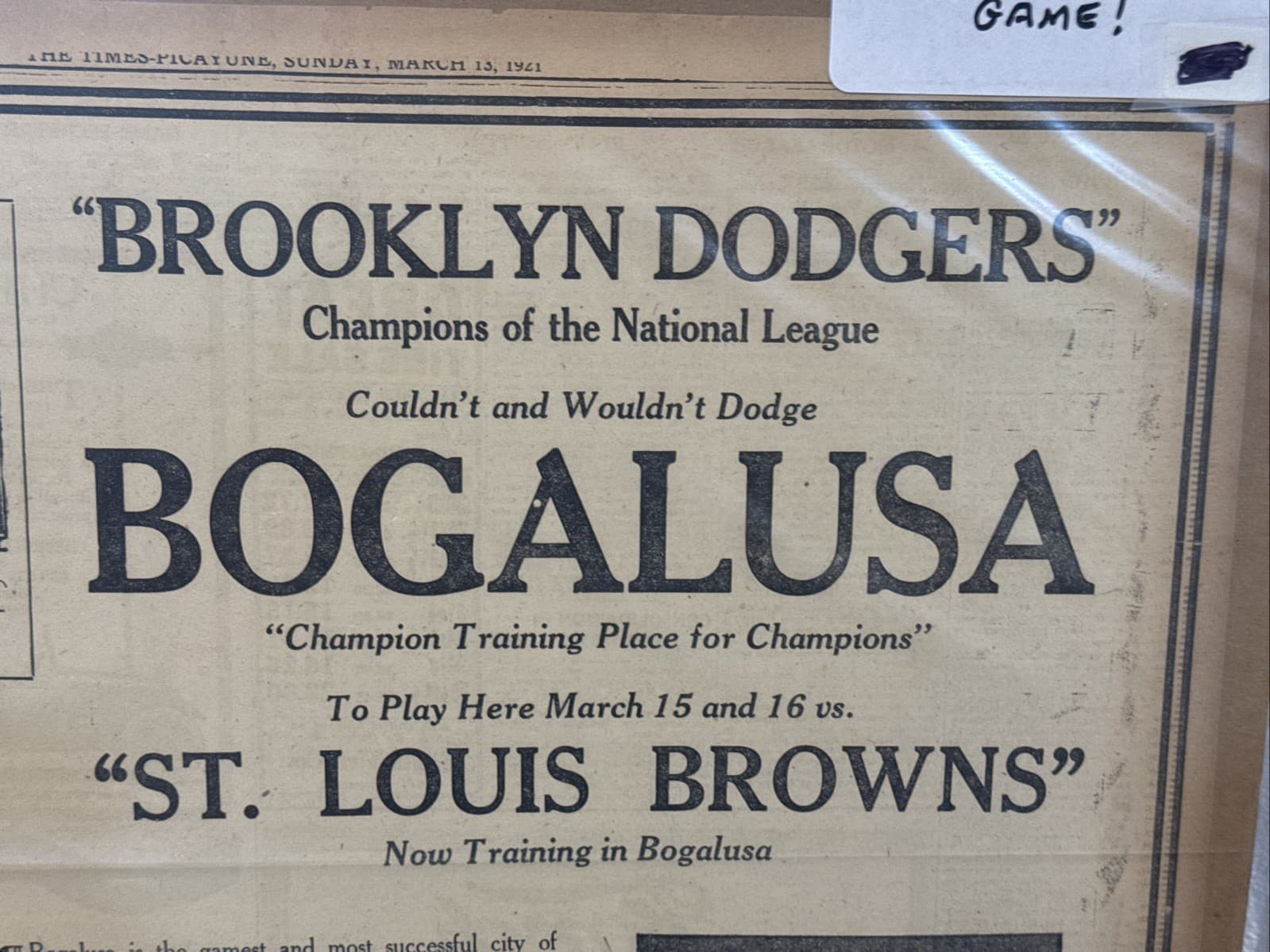 RARE 3-13-1921 Brooklyn Dodgers vs. St. Louis Browns Paper, George Sisler, WOW!! 4