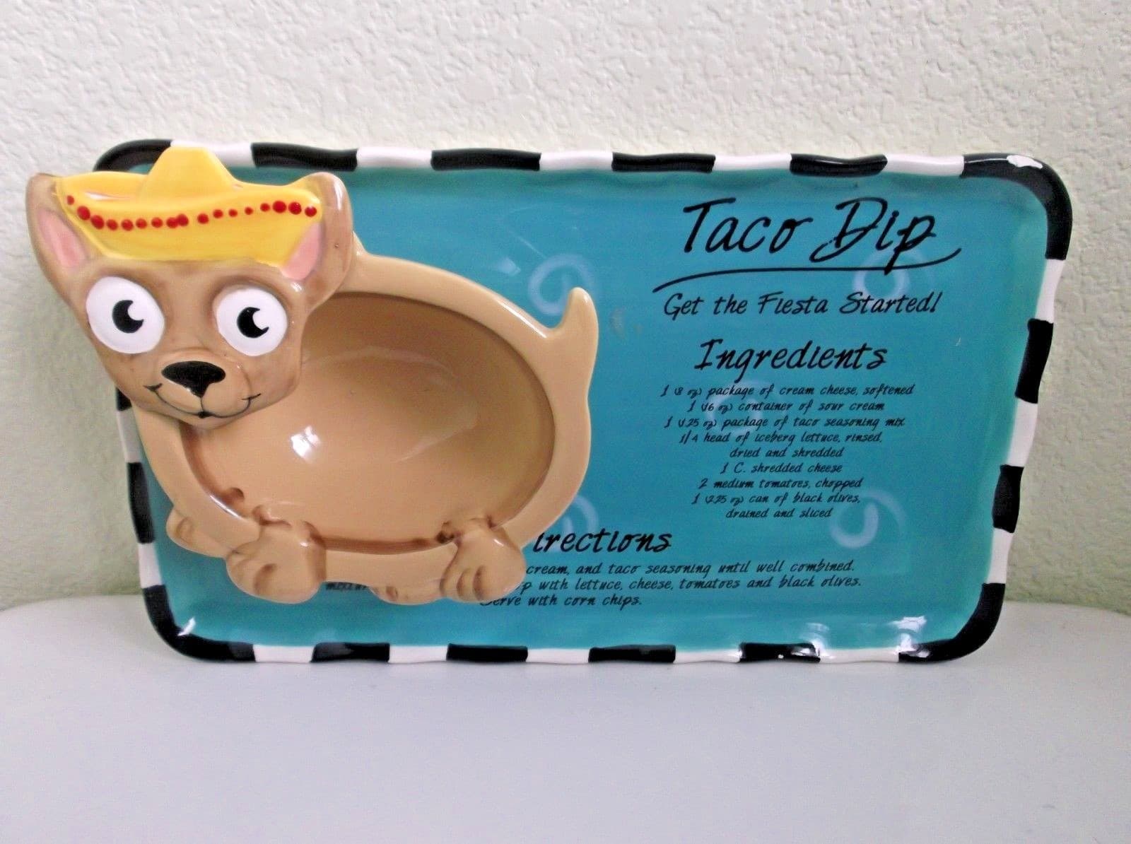 Youngs Turquoise Ceramic Taco Dip Platter Brown Chihuahua with Yellow Sombero