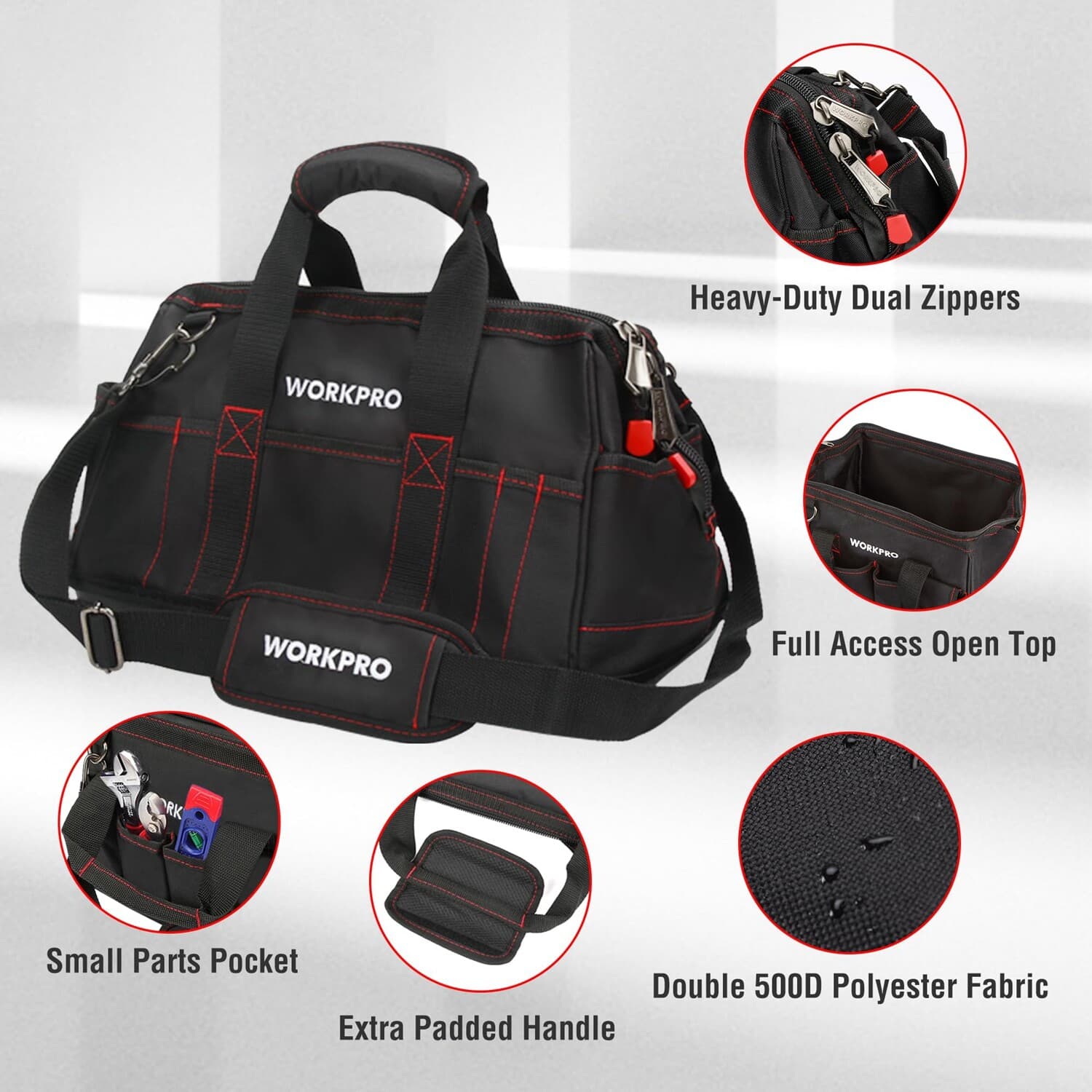 WORKPRO 16-inch Zipper Tool Bag Wide Mouth Heavy Duty Storage Carrying Work Tote 3