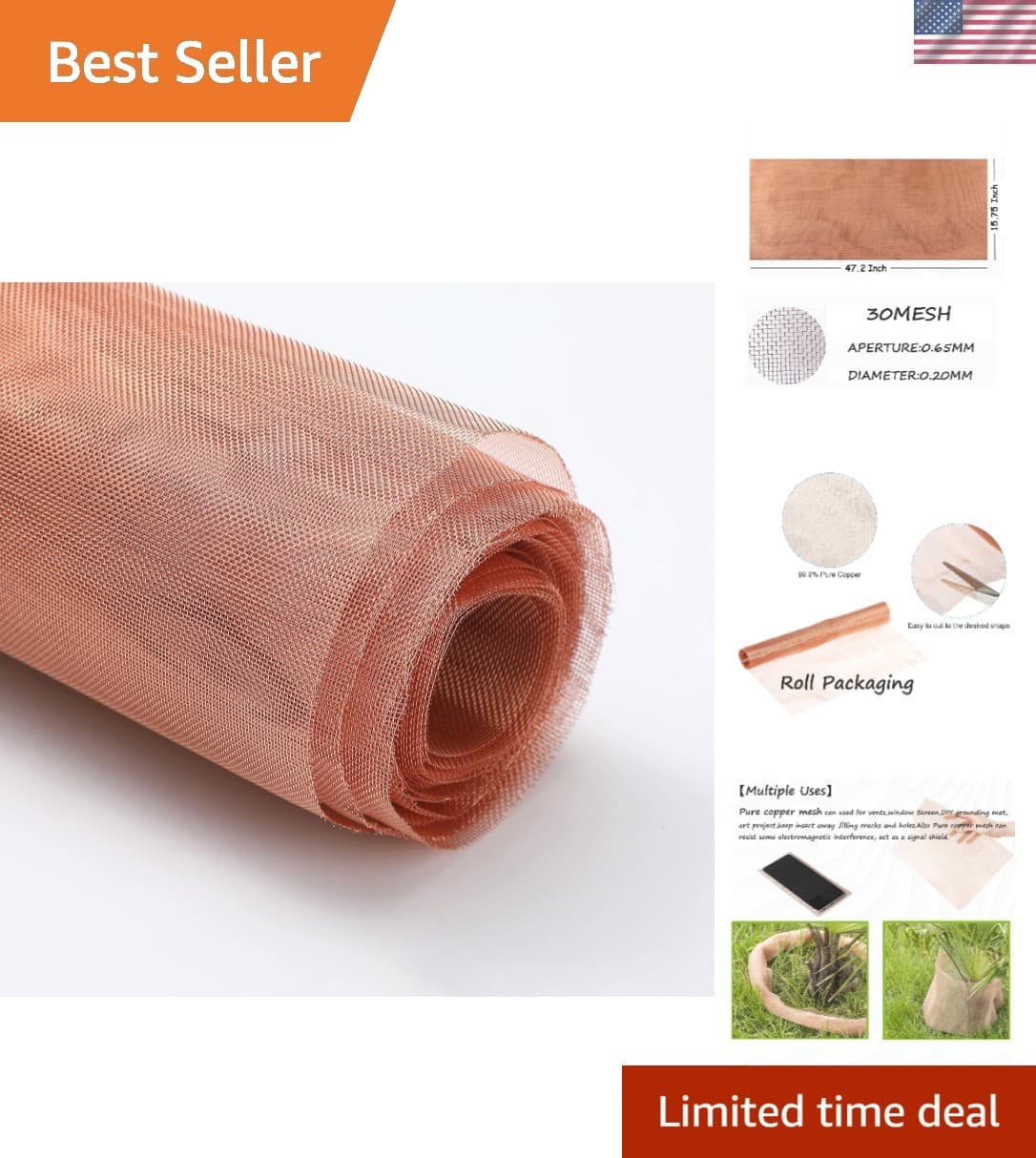 Multi-Purpose Pure Copper Mesh Screen Roll - 15.7" x 47.2" for Windows and Vents